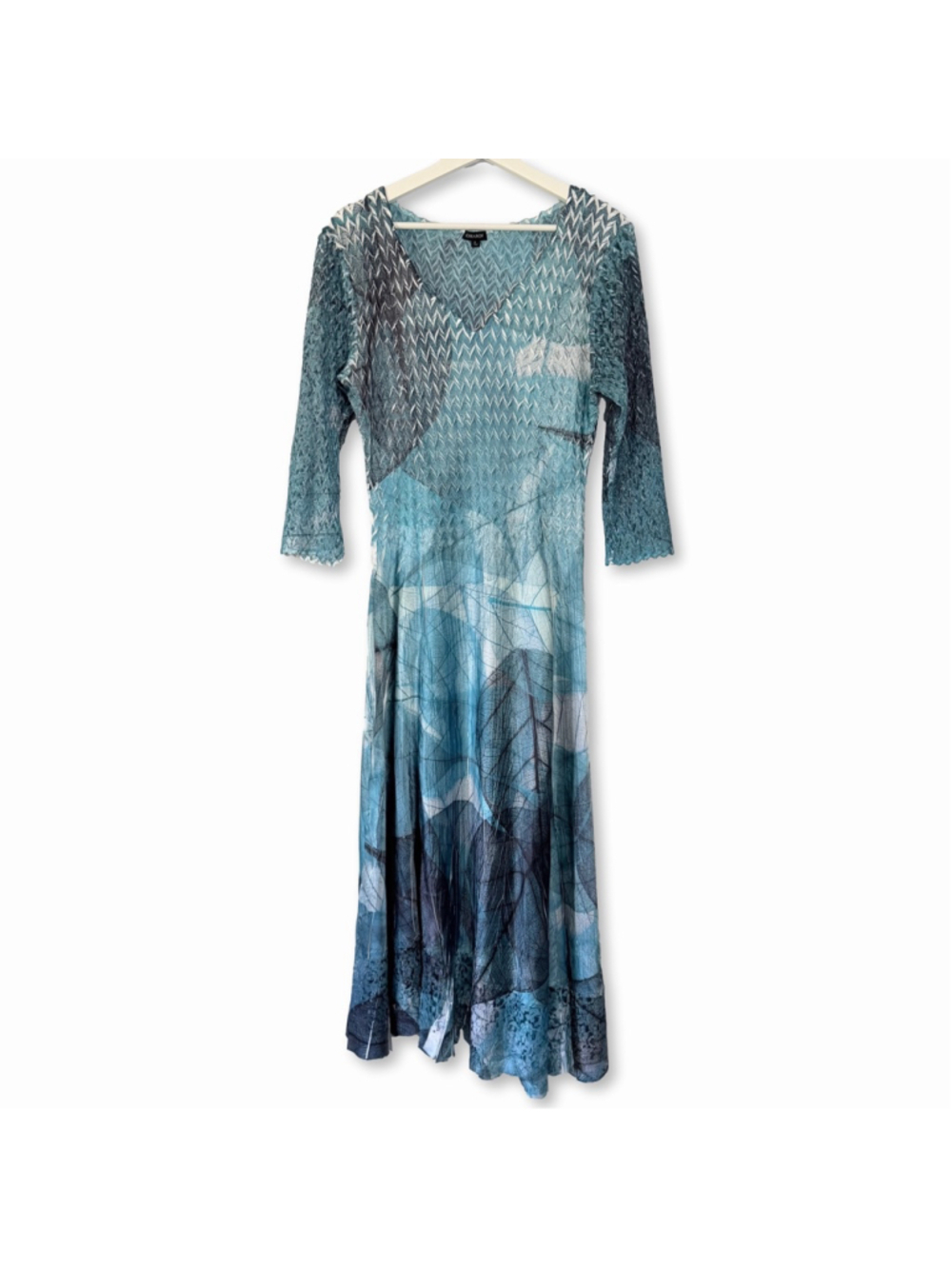 KOMAROV Blue Abstract Leaf Print Charmeuse Cocktail Midi Dress Large